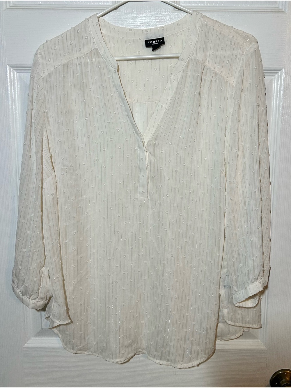 Torrid Harper White  Metallic Stripe Swiss Dot Sheer V-Neck Blouse
